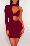 Burgundy Sexy Solid Hollowed Out Half A Turtleneck Pencil Skirt Dresses