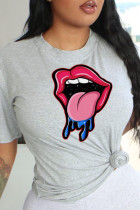 Graue, modische, lässige, mit Lippen bedruckte Patchwork-T-Shirts mit O-Ausschnitt