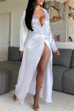 Белые модные сексуальные однотонные лоскутные платья с отложным воротником и длинными рукавами
