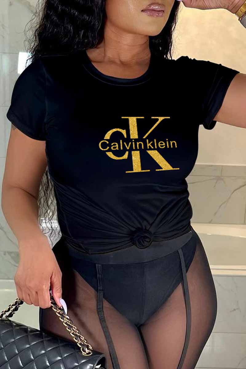

Black Fashion Casual Print Letter O Neck T-Shirts
