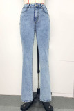 Babyblaue, lässige, solide Patchwork-Schnallenschlitz-Jeans mit hoher Taille