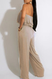 Kaki Casual Solid Patchwork Strapless Straight Jumpsuits