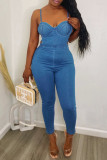 Синий модный сексуальный однотонный выдолбленный лоскутный комбинезон с открытой спиной на тонких бретельках и без рукавов узкие джинсовые комбинезоны