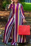 Púrpura moda casual patchwork estampado patchwork cuello vuelto manga larga dos piezas