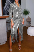 Серебряная модная элегантная верхняя одежда с однотонной кисточкой и блестками в стиле пэчворк с отложным воротником