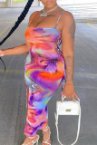 カラーファッションセクシーなプリント包帯背中の開いたスパゲッティストラップロングドレスドレス