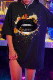 Schwarze, modische, lässige, mit Lippen bedruckte Patchwork-Basic-T-Shirts mit O-Ausschnitt