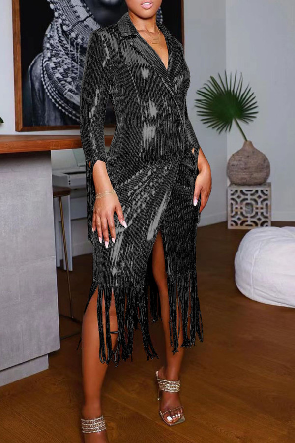 Черная модная элегантная верхняя одежда с однотонной кисточкой и блестками в стиле пэчворк с отложным воротником
