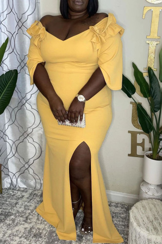 Yellow Sexy Solid Patchwork Off the Shoulder Irregular Dress Plus Size Dresses