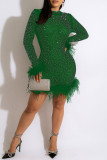 Green Fashion Casual Patchwork Feathers Hot Drill O Neck Long Sleeve Dresses