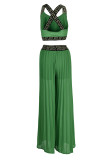 Зеленый модный сексуальный принт в стиле пэчворк с открытой спиной и U-образным вырезом без рукавов из двух частей