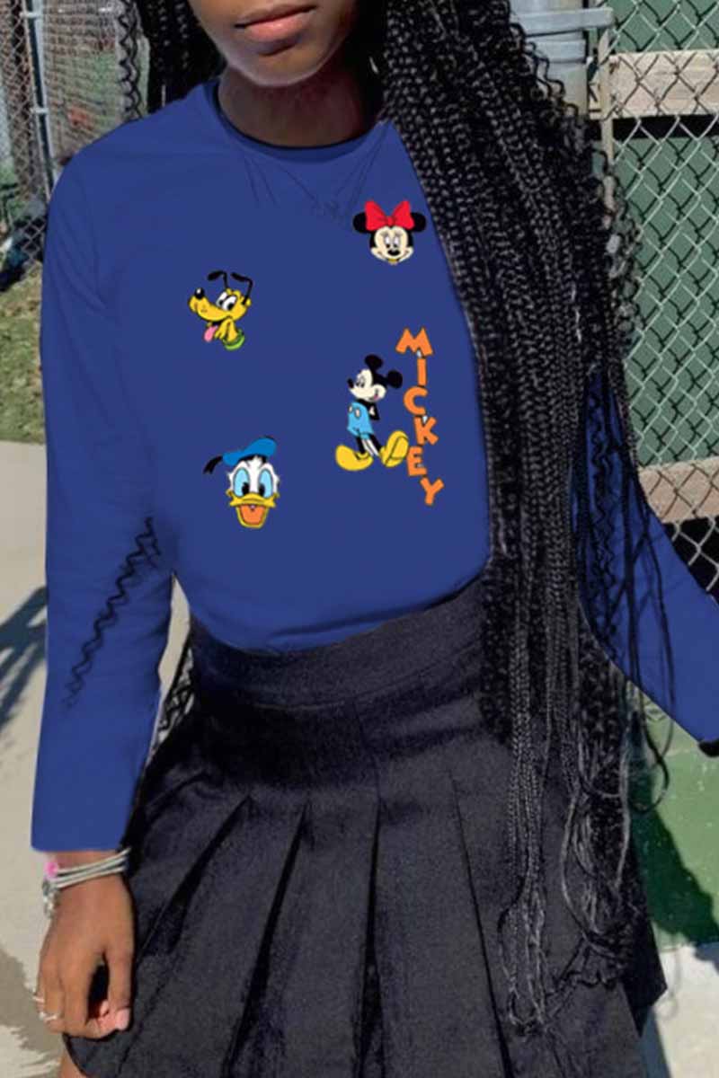 Blue Fashion Street Character Patchwork O Neck Tops
