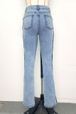 Jeans in denim a vita alta con fessura con fibbia patchwork solido casual blu baby