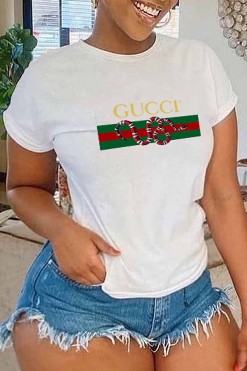 

White Fashion Casual Print Letter O Neck T-Shirts