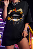 Zwarte mode casual lippen bedrukte patchwork basic O-hals T-shirts