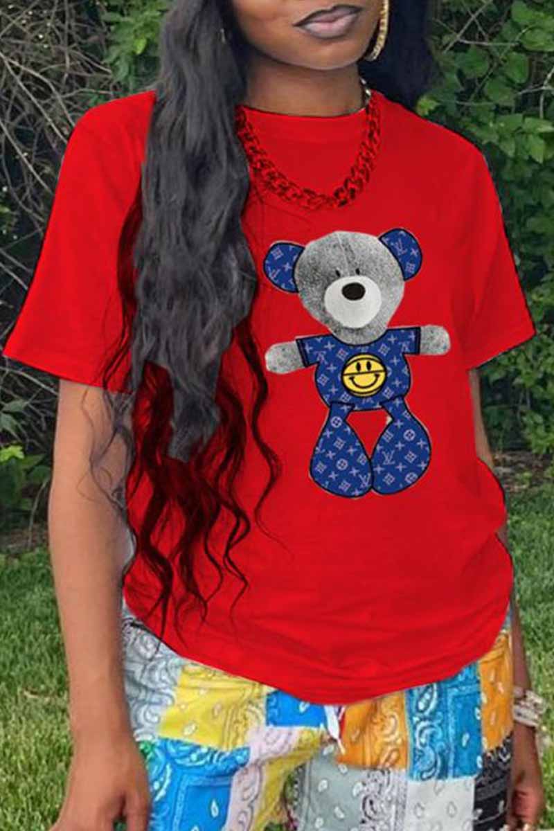 

Red Fashion Casual Print Patchwork O Neck T-Shirts