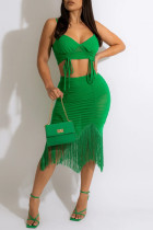 Green Fashion Sexy Solid Tassel Backless Fold Spaghetti Strap Sleeveless Two Pieces