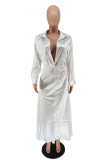 White Fashion Sexy Solid Patchwork Turndown Collar Long Sleeve Dresses