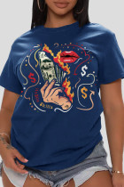 Marineblaue, modische, lässige, mit Lippen bedruckte Patchwork-T-Shirts mit O-Ausschnitt