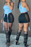 Blue Sexy Solid Patchwork See-through Asymmetrical U Neck Two Pieces