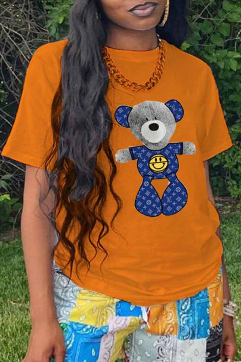 

Orange Fashion Casual Print Patchwork O Neck T-Shirts