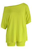 Fluorescent Green Casual Solid Patchwork Oblique Collar Short Sleeve Two Pieces