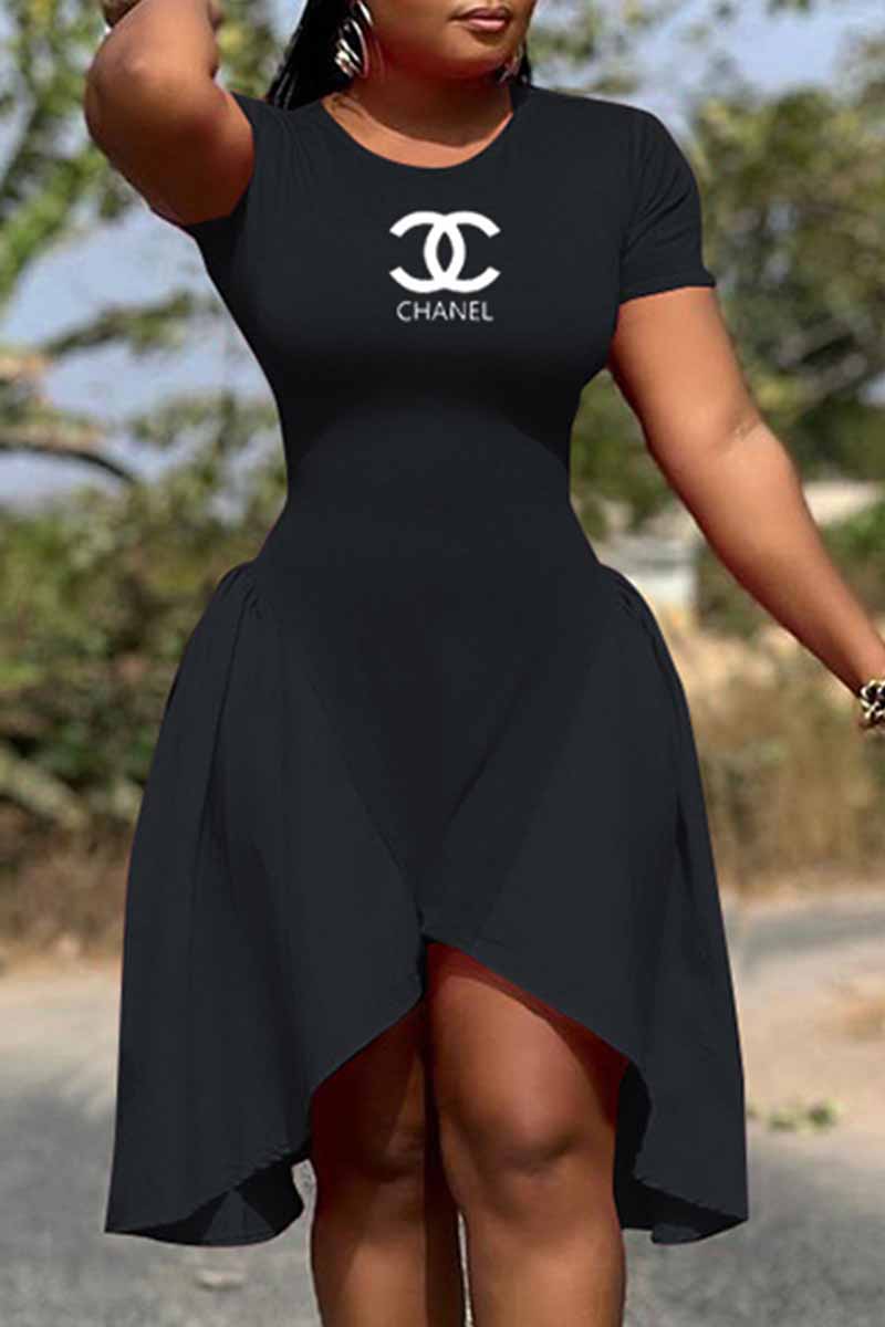 

Black Fashion Elegant Print Letter O Neck Irregular Dress Dresses