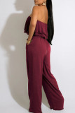 Burgundy Casual Solid Patchwork Strapless Straight Jumpsuits