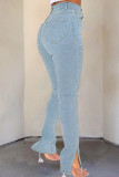 Jeans de mezclilla de cintura alta con abertura de patchwork rasgado sólido casual azul bebé