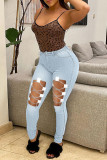 Light Blue Casual Street Solid Hollowed Out Patchwork Chains High Waist Denim Jeans