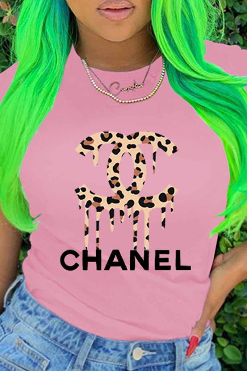 

Pink Fashion Casual Print Letter O Neck T-Shirts