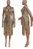 Золотая мода Элегантная однотонная верхняя одежда с блестками и кисточками в стиле пэчворк с отложным воротником