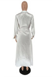 Witte mode sexy effen patchwork turndown kraag jurken met lange mouwen