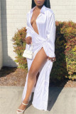 Witte mode sexy effen patchwork turndown kraag jurken met lange mouwen