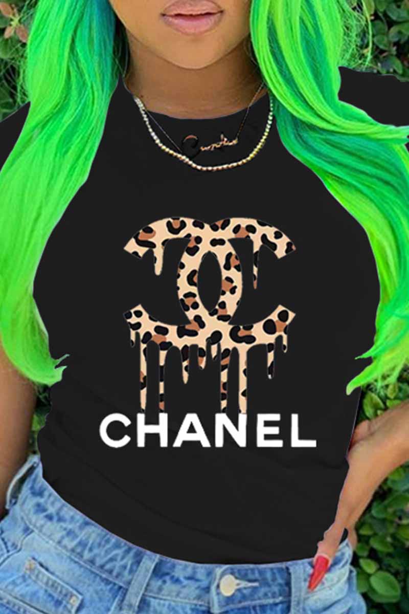 

Black Fashion Casual Print Letter O Neck T-Shirts