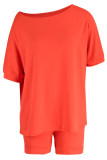 Tangerine Red Casual Solid Patchwork Oblique Collar Short Sleeve Two Pieces