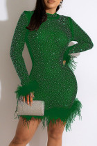 グリーンファッションカジュアルパッチワークフェザーホットドリルOネック長袖ドレス