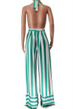 Green Sexy Casual Striped Print Bandage Backless Halter Regular Jumpsuits