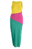 Farbe Mode Lässig Plus Größe Solide Patchwork Schlitz O-Ausschnitt Ärmelloses Kleid