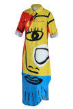 Многоцветное модное повседневное платье-рубашка с разрезом и отложным воротником с принтом