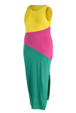 カラー ファッション カジュアル プラス サイズ ソリッド パッチワーク スリット O ネック ノースリーブ ドレス