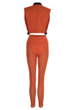 Orange Fashion Sexy Patchwork Solid See-through Zipper Collar Sleeveless Two Pieces