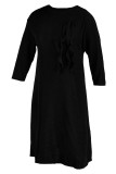 Черные модные повседневные однотонные платья в стиле пэчворк с круглым вырезом