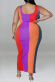 Apricot Fashion Casual Striped Print Patchwork Contrast U Neck Plus Size Two Piece Set