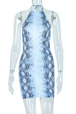 スネークプリントファッションセクシーなプリント包帯背中の開いたホルターノースリーブドレス