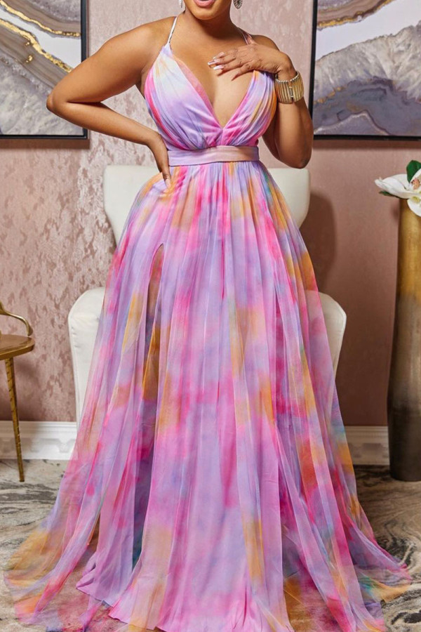 Roze sexy print patchwork vouw halter A-lijn jurken