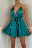 Lake Green Sexy Print Bandage Patchwork Backless Halter Straight Rompers