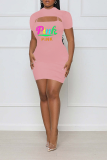 Pink Sexy Print Hollowed Out O Neck Short Sleeve Two Pieces