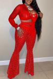 Красный модный сексуальный лоскутный бандаж для горячего бурения с прозрачным V-образным вырезом и длинным рукавом из трех предметов