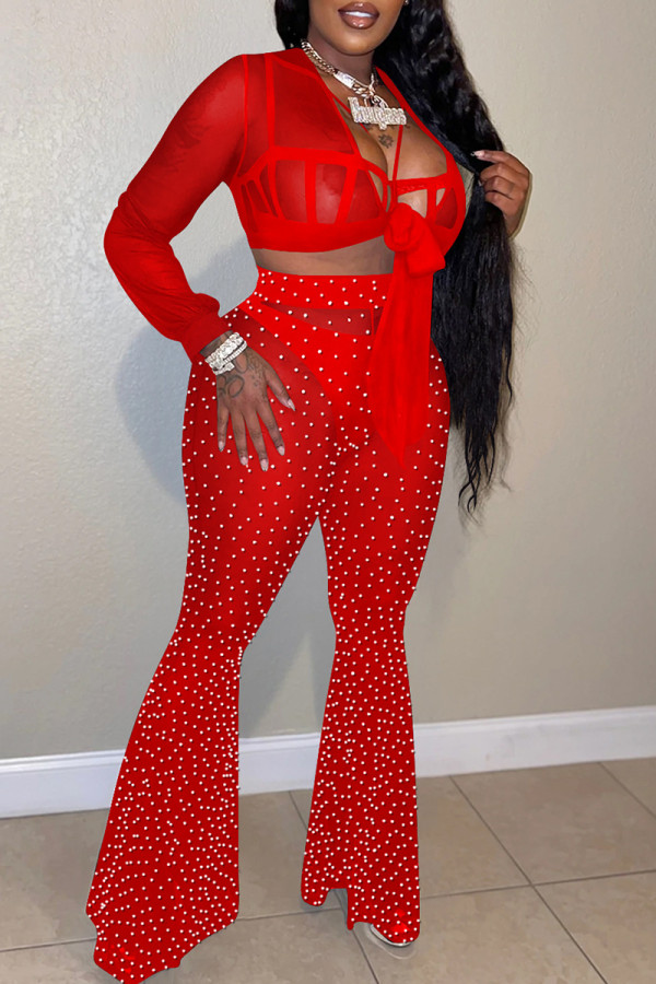 Red Fashion Sexy Patchwork Hot Drilling Bandage See-through V Neck Long Sleeve Three-piece Set